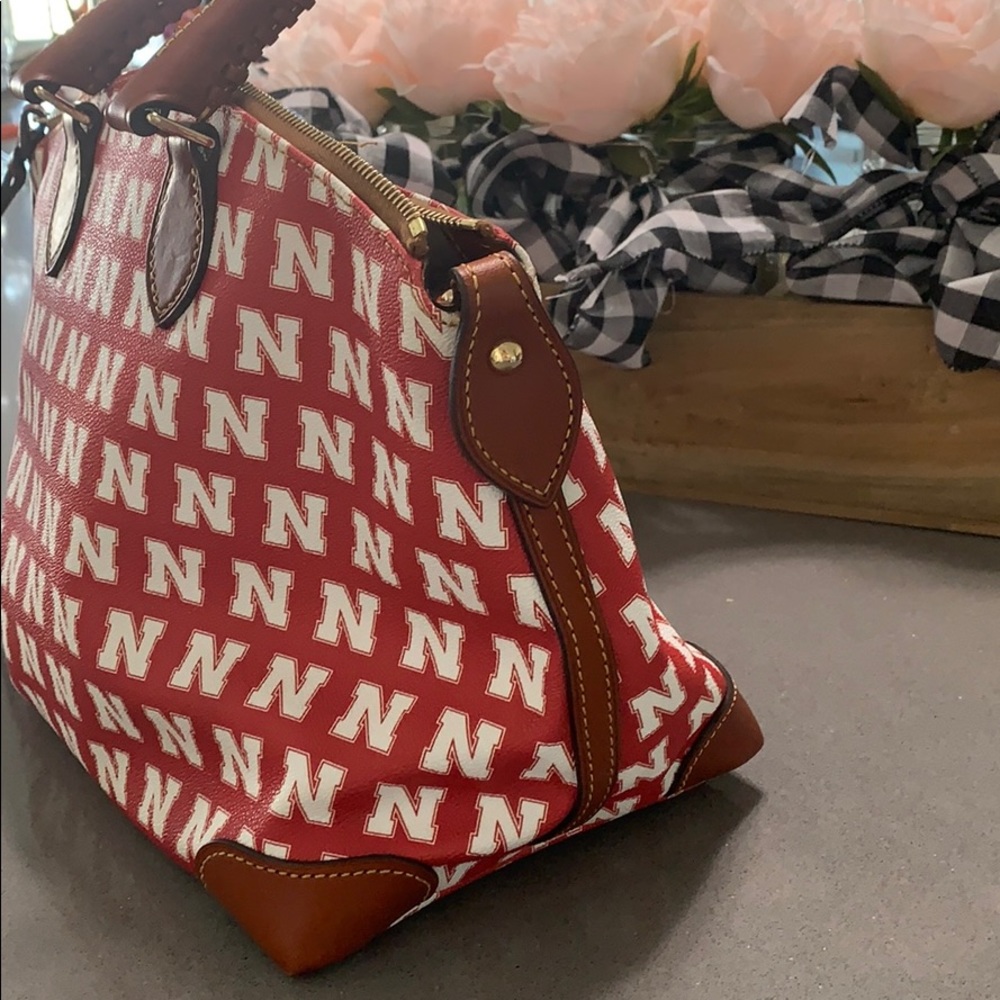 Dooney & Bourke Red & White 'N' Logo Crossbody Satchel with Brown Leather Trim - Picture 5 of 5